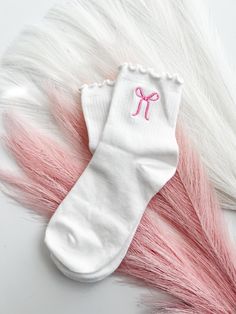 Women's Bow Socks white soft ruffle trim socks - size women's 6-8 - with pink embroidered bow 🐝 * FOLLOW ON INSTAGRAM * 🐝 for BTS, new drops, sneak peeks & giveaways  I would love to see all your littles wearing my bows & headwraps 🥰 @kokobee_bows Handmade with love by a mama who loves bows!  - Walnut, CA ❤️ *Shipping Info: These bows are made to order so please allow 1-3 days to make your order. Once we ship your package we are no longer responsible for your package. All questions regarding Bow Socks, Ruffle Socks, Embroidered Bow, Embroidered Socks, Ruffled Socks, Pink Accessories, Follow On Instagram, Turbans, Winter Clothes