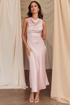 Pink Silk Dress Outfit, Tie Up Heels, Satin Clutch, Blush Bridesmaid Dresses, Yellow Bridesmaids, Bridesmaids Dress, Bridesmaid Outfit, Sleeveless Midi Dress, Dress Inspo