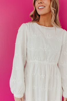 Stay sweet and cute in THE WINNEE MAXI EYELET DRESS. With a charming eyelet design and convenient pockets, this long sleeve dress is perfect for any occasion. Embrace the pure white color and effortlessly stand out in style. Long Sleeve Eyelet Temple Friendly Maxi length Pockets Self: 100% rayon, Lining: 100% polyester Dress is true to size. Small (0-2), Medium (4-6), Large (8-10), X-Large (10-12). Length (shoulder to hem): Small: 55.5", Medium: 56", Large: 56.5", X-Large: 57". Model is 5'5" wea White Dress Long Sleeve Casual, White Temple Dresses Long Sleeve, Cute White Dresses, Lds Temple Dresses, Temple Dresses, Embroidered Mesh Dress, Temple Dress, Indoor Wedding Ceremonies, White Long Sleeve Dress