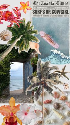 a collage of flowers, surfboards and palm trees with the ocean in the background