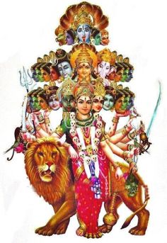 an image of the hindu goddess with her animals and people in front of her, surrounded by other deities