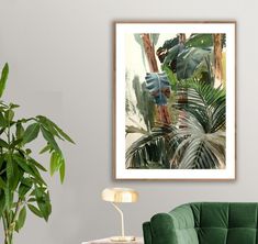 a living room with a green couch, potted plant and framed art on the wall