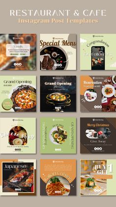 the restaurant and cafe instagram post templates are displayed in different colors, sizes and styles