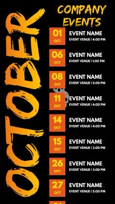 a black and orange event poster with the words, company events written in large letters