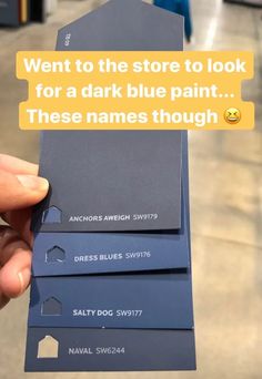 someone is holding up some sort of business card with the text went to the store to look for a dark blue paint these names though