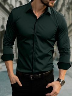 SHEIN Manfinity Mode Men's Solid Black Long Sleeve Business Shirt For Daily CommutingI discovered amazing products on SHEIN.com, come check them out! Dark Green Shirt Outfit Men Casual, Black Shirt Outfit Men, Men Formal Outfit, Formals For Men, Green Shirt Outfits, Green Shirt Men, Formal Dress For Men, Dark Green Shirt