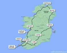 a map of ireland with the names of major towns and roads in english, including corkscrew