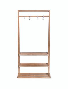 a wooden coat rack with three hooks on it