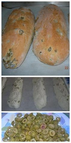 three pictures showing different types of breads and pastries on baking sheets, with olives next to them