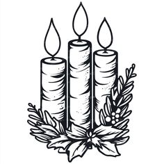 three lit candles with holly and cones on the side, surrounded by evergreen leaves in black and white