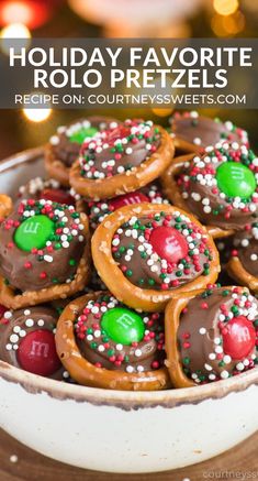 holiday favorite pretzels in a bowl with sprinkles and candies