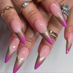 Magenta Tip Nails, Magenta Nails Design, Summer Stiletto Nails, Tip Nail Designs, Pink Tip Nails, Gold Chrome Nails, 2023 Nail, Pointy Nails, French Tip Nail Designs