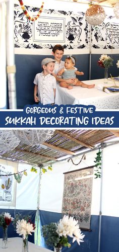 two pictures of people sitting at a table with flowers in vases on it and the words gorgeous & festive sukkah decorating ideas