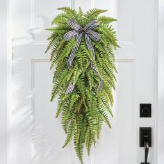 a green plant hanging from the side of a white door with a black and white bow on it