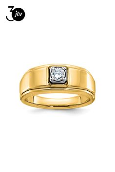 10k yellow gold polished men's ring with a single I2 clarity round diamond weighing 0.349 cttw. Band width measures approximately 1/8". Polished Man, Men Diamond Ring, Men's Ring, Gold Polish, 10k Gold, Round Diamond, Round Diamonds, Diamond Ring, Rings For Men