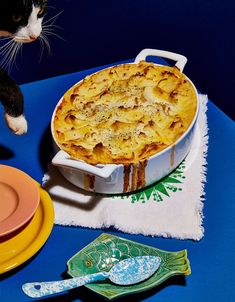 a cat standing next to a pie on top of a blue table with plates and utensils