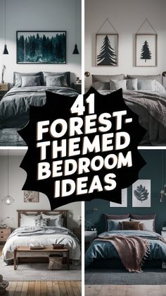 four photos with the words forest themed bedroom ideas in black and white, blue and grey colors