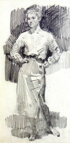 a pencil drawing of a woman standing with her hands on her hips