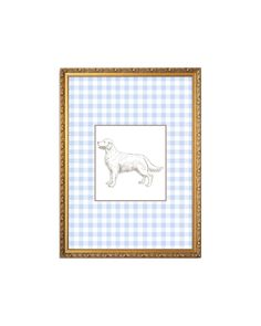 a dog is shown in a gold frame on a blue and white checkered wall