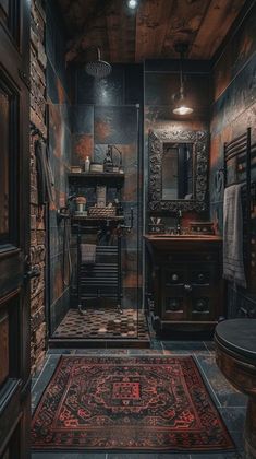 an old fashioned bathroom with stone walls and wood flooring is lit by the lights