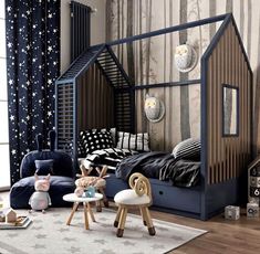 a child's bedroom with blue and brown furniture, stars on the walls and curtains