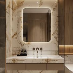 a bathroom with marble walls and flooring, mirrors on the wall above the sink