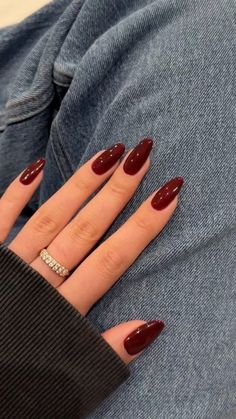 Cherry Red 🍒 Cherry Wine Nail Color, Wine Colour Nail Paint, Deep Red Acrylics, Scarlett Red Nails, Red Nails Asian, Dark Red Acrylic Nails Almond, Mocha Red Nails, Wine Colour Nail Art, Deep Winter Nails Colour