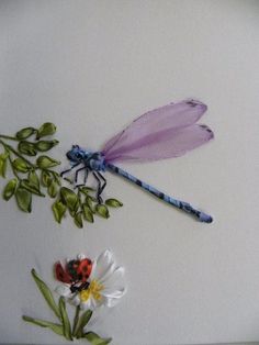 some flowers and a dragonfly on a white surface