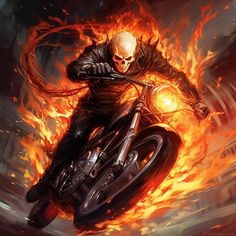 a man riding on the back of a motorcycle in front of a fire filled sky