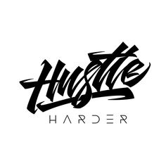 the word hustle is written in black ink on a white background with an arrow