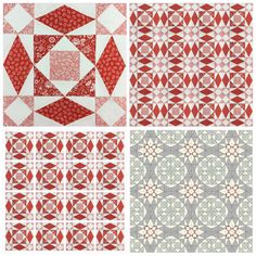 four different quilts with red and white designs