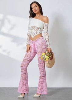 These Floral Lace Flared Pants feature a sheer, see-through design in a delicate pink hue. Providing both style and comfort, these pants allow for breathability and a touch of femininity to any outfit. Perfect for any occasion, these pants are a must-have for any fashion-forward individual. Fabric: Slight Stretch Material: Polyester Fiber *Underwear not included 90s Trousers, Bell Pant, Mesh Cover Up, Sheer Pants, Flared Pants, Floral Pants, Really Cute Outfits, Fashion Fits, Glamorous Evening Gowns