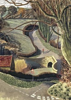 a painting of a winding road in the countryside