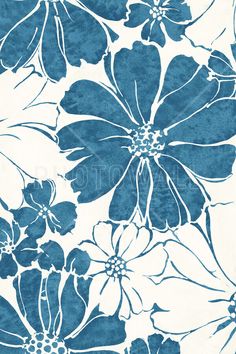 a blue and white flower pattern on a wallpaper with watercolng effect in the background