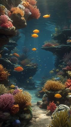 an underwater scene with corals and fish in the water, including sea fancies