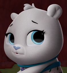 an animated white bear with blue eyes