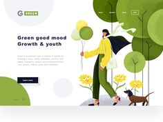 the landing page for green good mood growth and youth, with a woman walking her dog