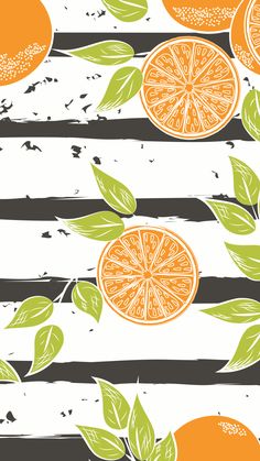 an orange on a striped background with green leaves and gray, black and white stripes