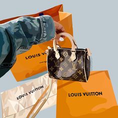 a hand holding a louis vuitton bag in front of some orange shopping bags