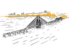 a drawing of a bridge over water with buildings in the background and an orange sky