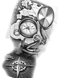 a drawing of a compass and an anchor