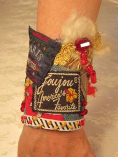 Parlez Vous Francais OOAK Fiber Cuff by EyecatchersLuxuries, $115.00 Beaded Stuff, Free Scarf, Denim Ideas, Sew Easy, Contemporary Fabric, The Creative Process, Fabric Labels, A Concept, Handmade Fabric