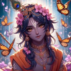 a woman with blue hair and butterflies on her head, wearing an orange dress surrounded by butterflies