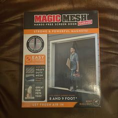 an advertisement for the magic mesh screen door gauze, featuring a man in plaid shirt and jeans