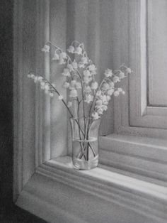 a pencil drawing of flowers in a vase on a window sill