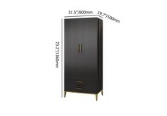 a tall black cabinet with brass handles and drawers is shown in front of a white background