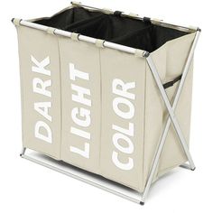 a white and black laundry hamper with the words dark light color printed on it