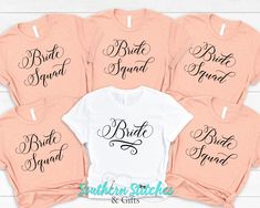 Bride Squad Shirts, Bachelorette Party Shirts, Bridal Party Shirts, Wedding Party Shirts by SouthernStitchesGift on Etsy #bridesquad #bridalpartyshirts Bride Squad Shirt, Team Bride Shirts, Bride Shirt, Bridesmaid Shirts, Bridal Party Shirts, Squad Shirt, Bride Squad, Kehlani, Bride Shirts