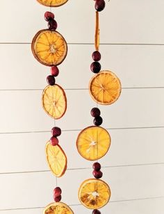 a mobile made out of sliced oranges and cherries hanging from a string on a wall