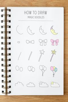 a notebook with drawings on it and the title how to draw magic doodles